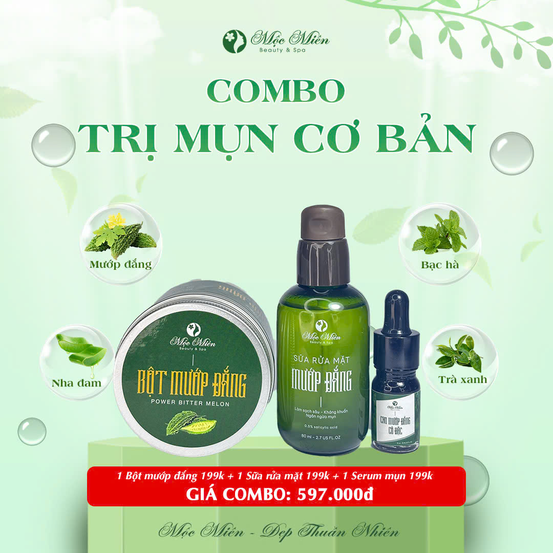 Combo trị mụn cơ bản từ thiên nhiên gồm bột mướp đắng, sữa rửa mặt và serum Mộc Miên giúp làm sạch, ngừa mụn hiệu quả